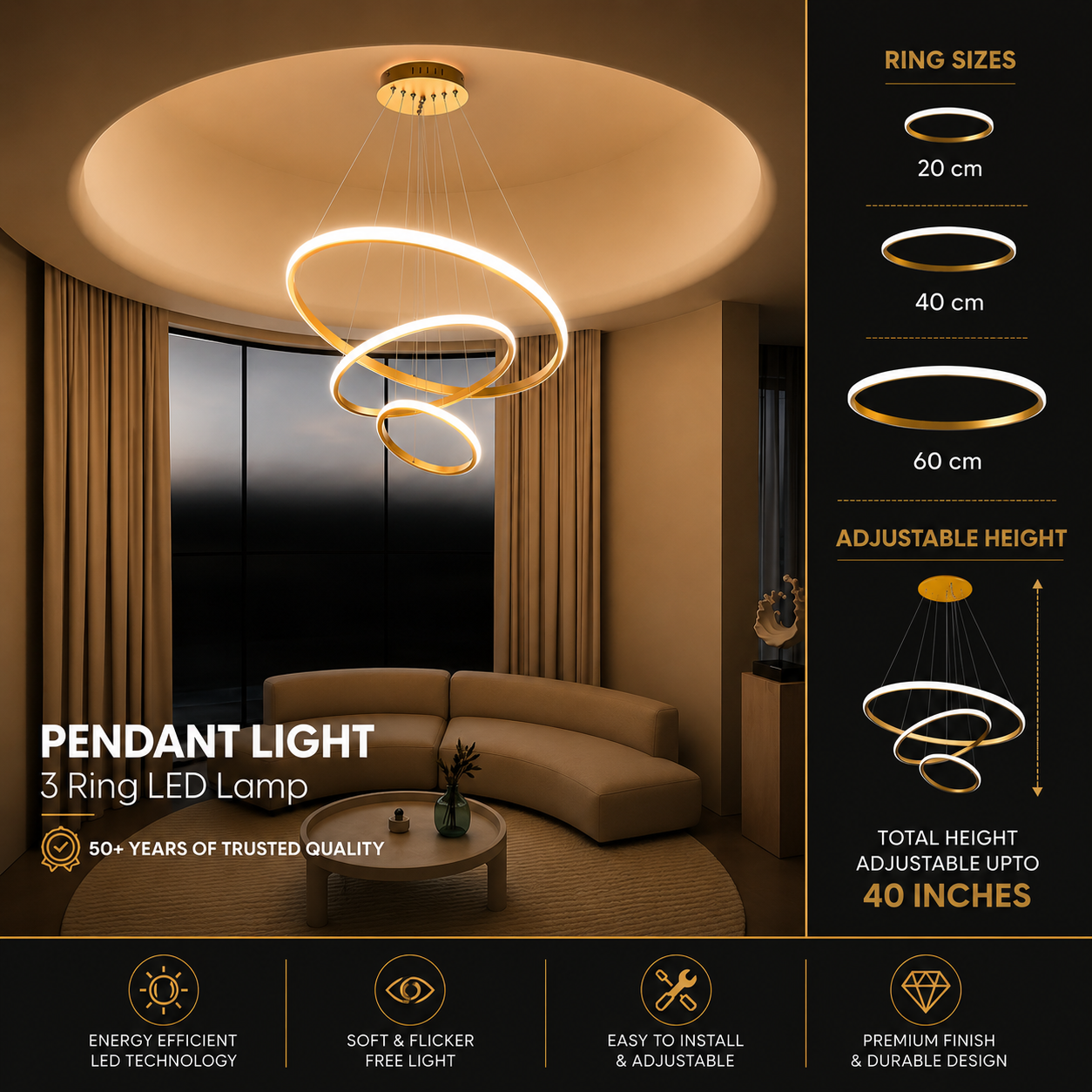 Aurelia Ring Chandelier | Modern 3-Ring LED Pendant Light