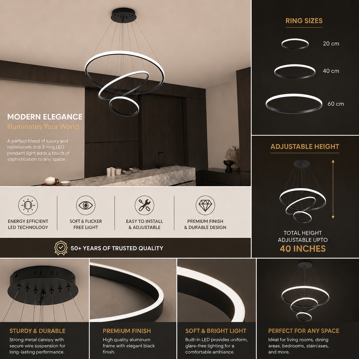 Black Aurelia Ring Chandelier | Modern 3-Ring LED Pendant Light