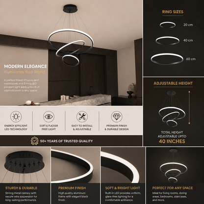 Black Aurelia Ring Chandelier | Modern 3-Ring LED Pendant Light