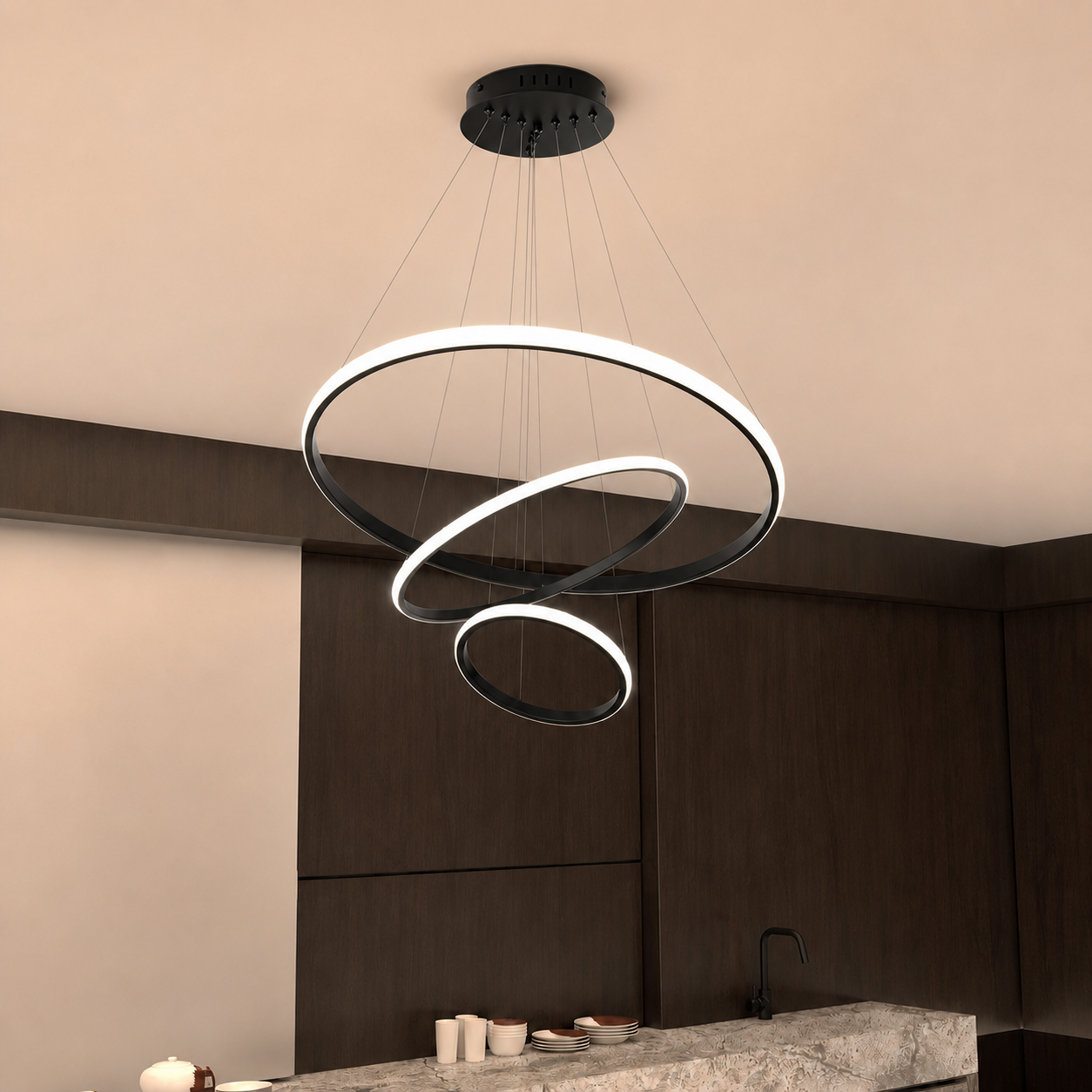 Black Aurelia 3-Ring LED Chandelier